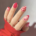 Simple White Nails Pink Heart Pattern Almond False Nail Wear for Fingernail DIY Decoration Patches