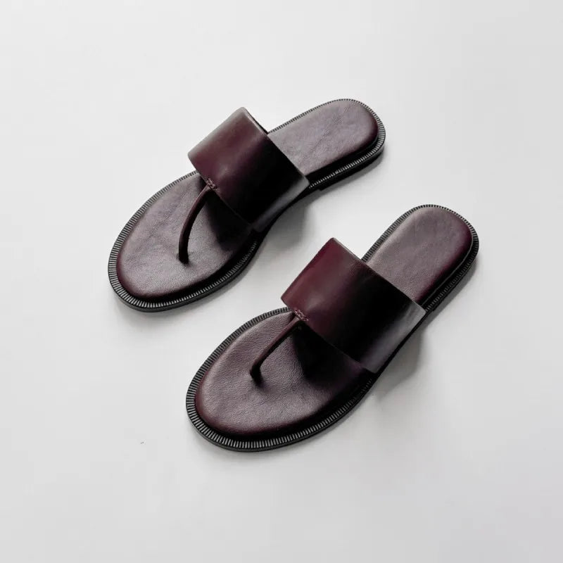 Women Flip Flops Summer Genuine Leather Slippers Casual Flat Shoes Ladies Clip Toe Slides