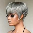 Human Hair Wig - Short 6-Inch Pixie with Grey Density Natural made wig