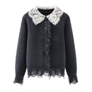Cardigan Sweaters Women Long Sleeve Knitted Coat Lace Patchwork Design Retro Tops