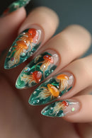 Nails with goldfish and jellyfish design on a dark background, Obroi
