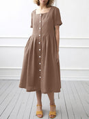 Short Sleeve Dress Women Solid Square Collar Sundress Office Robe Summer Elegant A Line