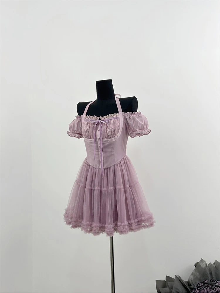 Summer French Vintage Dress Women Mini Frocks Evening Party Mesh