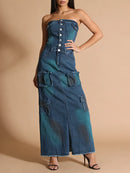 Camouflage Strapless Denim Maxi Skirt for Women