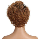 Brown curly wig on a mannequin head with 'Obroi' branding.