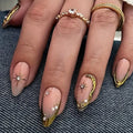 24pcs Glitter Diamond Pearl Press on Nails Gold French Acrylic Nail Silver Nails Gold Sun Nail Almond Nail