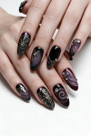 A close-up of manicured fingernails on a hand, featuring a gothic Halloween theme with black and deep purple gradients, silver spiderwebs, rhinestones, and star details, Obroi