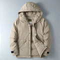 Beige winter jacket with a hood on a light gray background, Obroi