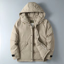 Beige winter jacket with a hood on a light gray background, Obroi