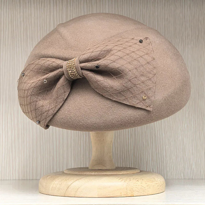 Wool Felt Beret Winter Hats for Women Bow Veil Fascinator Hat Dressy Cocktail Pillbox Hat Wedding Bridal