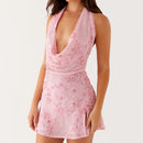 Women Sequin Halter Mini Dress Fold Backless Slim Fit Short Dresses Lady Chic Summer Beach