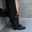 Autumn Belt buckle Knee high boots Pointed toe rivet pull-on heels Pleated Motorcycle boots