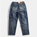 Autumn winter vintage loose straight leg jeans men's large pocket cargo casual pants