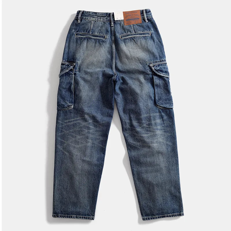 Autumn winter vintage loose straight leg jeans men's large pocket cargo casual pants