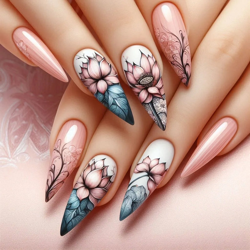 24Pcs Purple Press on Nails Flower Designs Almond Fake Nails Diamond Decor Woman Lady Wearable Manicure False Nails Tips