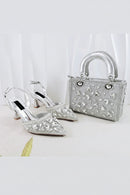Silver Shiny Rhinestone Slingback High Heels Rhinestone Top Handle Bag Women Bridal Evening Cocktail Shoe and bag Matching Set