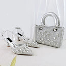Silver Shiny Rhinestone Slingback High Heels Rhinestone Top Handle Bag Women Bridal Evening Cocktail Shoe and bag Matching Set