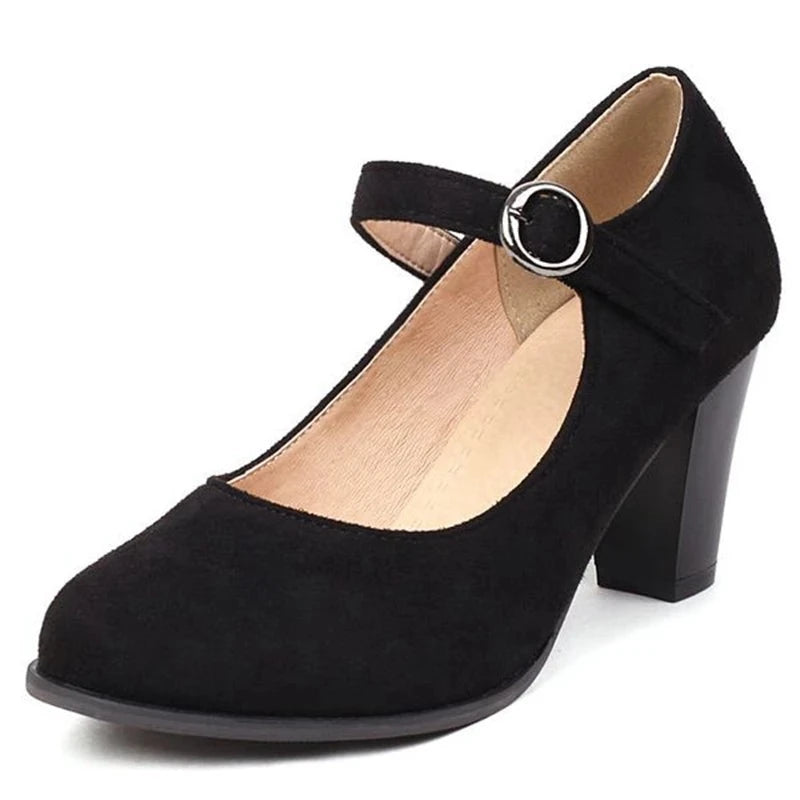 Women Pumps Round Toe Block Heels Flock Buckle Strap Elegant Solid