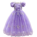 Purple dress with floral embroidery on a white background, Obroi