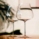 Two clear wine glasses on a reflective surface with a blurred background, Obroi