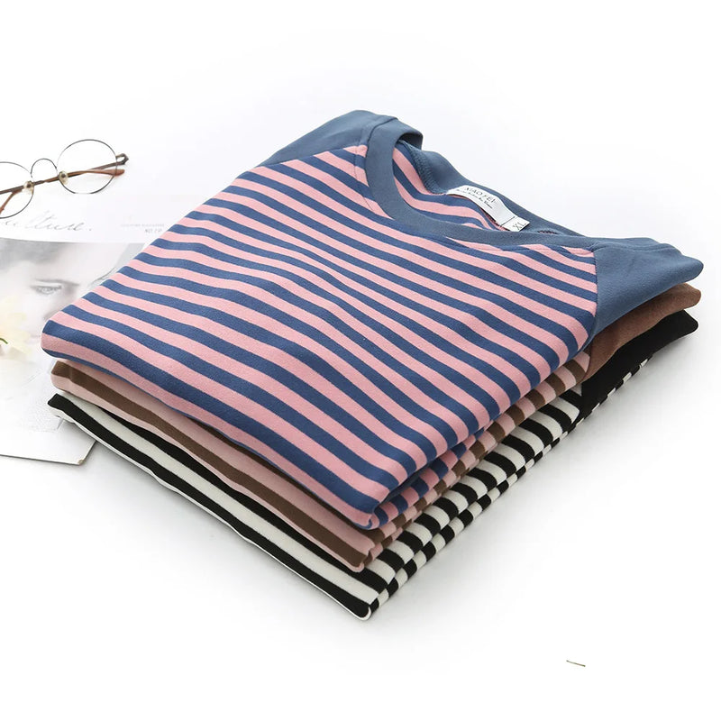 Autumn Winter Striped Stitching Velvet Fabric Thermal Bottoming T-shirt Women's Warm Inner Tops