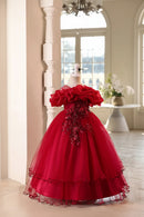 Elegant Girl Party Dress Flower Appliques Wedding Bridesmaid Mesh Evening Ball Gown for Kids Children