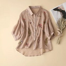 Summer Solid Collar Cotton Three Quarter Shirt Women Vintage Embroidered Loose Casual Puff Sleeve Tops