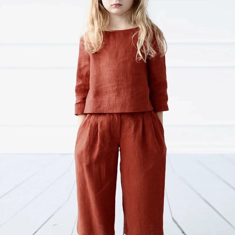 Retro Brick Red Cotton And Linen Girls Suit Spring Summer  Sleeve Tops Straight Pants 2pcs Sets