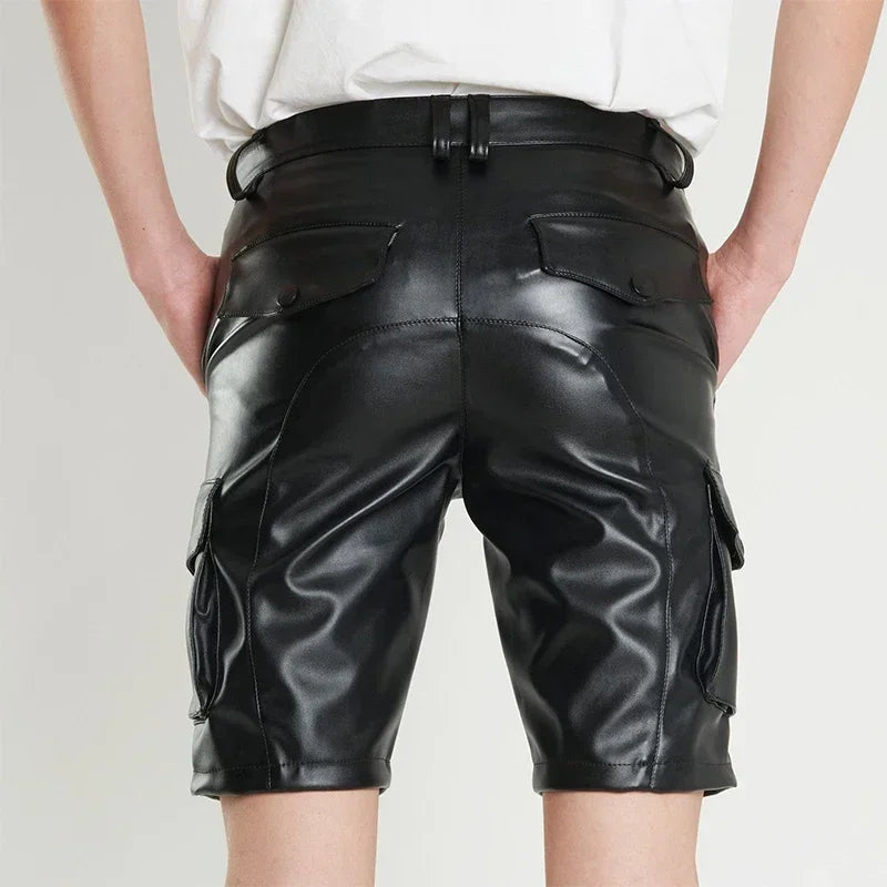 Men's Black Leather Shorts Male Casual Stretch Short Cargo Straight Pants