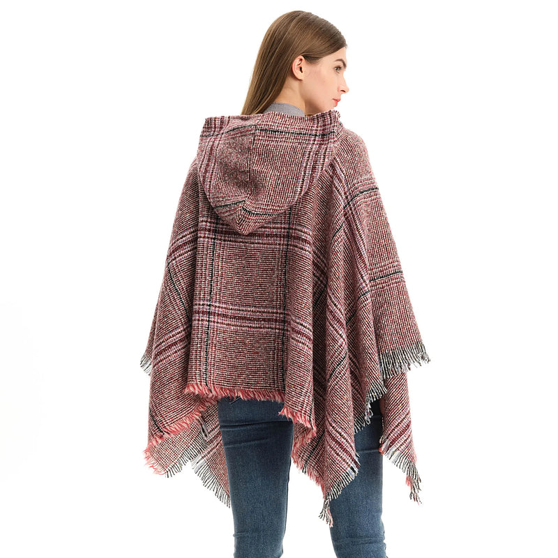 Spring Autumn Loop Yarn Barbed Hair Large Plaid Hooded Cape Street Lady Capes
