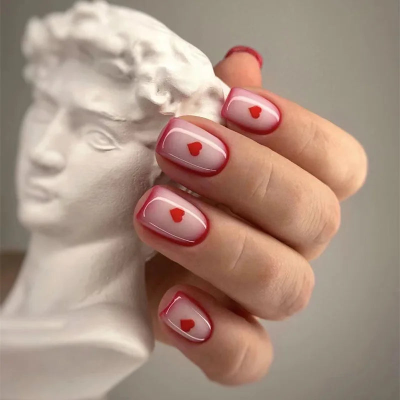 White Love Heart Nail Valentine's Day Press on Nails Short Coffin Head Acrylic Nail Tips