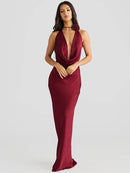 Satin Halter Backless Maxi Dress Women Gown Elegant Lace-up High Waist Evening Club Long Dress