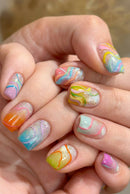 Rainbow Gradient Press On Nails Aurora Glitter Abstract Line Nail Short Square