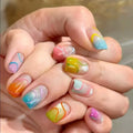 Rainbow Gradient Press On Nails Aurora Glitter Abstract Line Nail Short Square