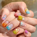 Rainbow Gradient Press On Nails Aurora Glitter Abstract Line Nail Short Square
