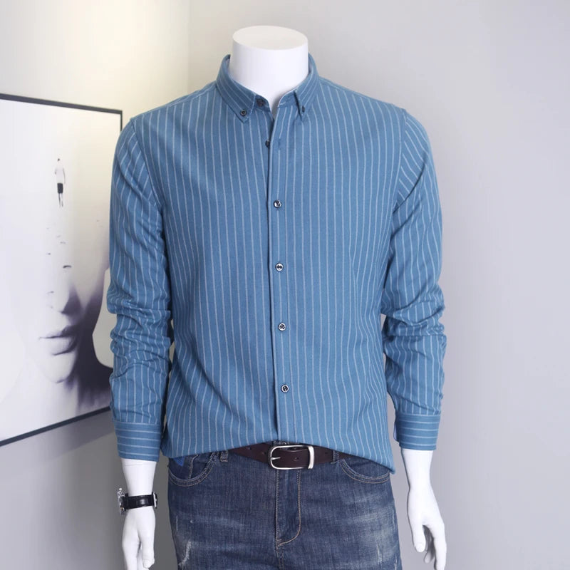 Spring Autumn Striped Shirt Men Frosted Casual Casual Shirts