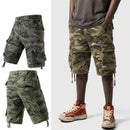 Camouflage cargo shorts with a person wearing them on a white background, Obroi