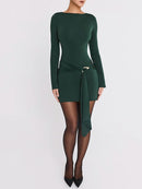 Long Sleeve Draped Mini Dress For Women O Neck Bodycon Club Party Dress Elegant