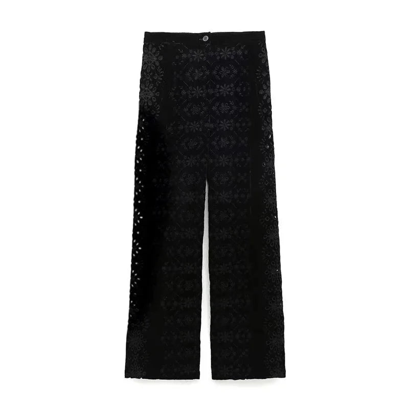 Women's Floral Embroidered Velvet Pants Bohemian Zipper High Waist Straight-Leg Trousers