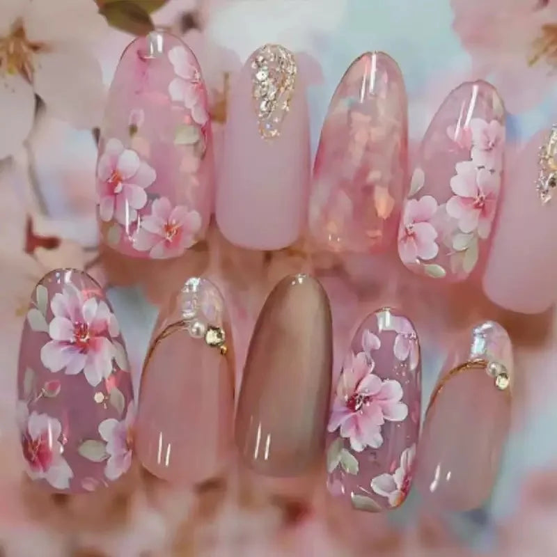 24Pcs Light Blue Smudge Fake Nails Press on Almond Gold Leaf Removable Long Full Cover Nail Tips Wearable Finished Nail Art