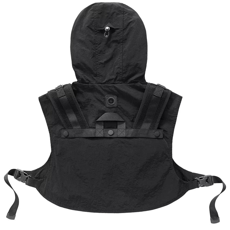 Functional Short Vest Men Tactical Hooded Vest Black Hip Hop Sleeveless Cargo Vest Tops