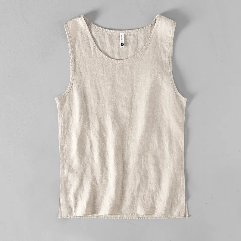 Linen Vest Men Summer Solid O-neck Sleeveless Waistcoat Simple Casual Loose Tess