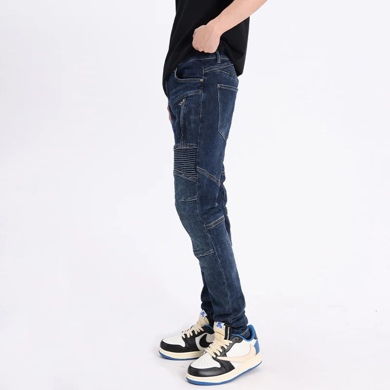 Men Jeans Spliced Designer Elastic Slim Fit Biker Jeans Men Retro Blue Zipper Patched Hip Hop Denim Pants