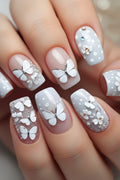 24Pcs Short Square Head Nails White Gradient Press on Fake with Butterfly Full Cover Nails Tips