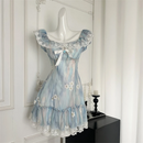 Women Blue Lace Bow Dress Vintage Elegant Sleeveless Kawaii Flower Dresses