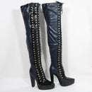 Black leather knee-high boots with lace-up design on a white background, Obroi