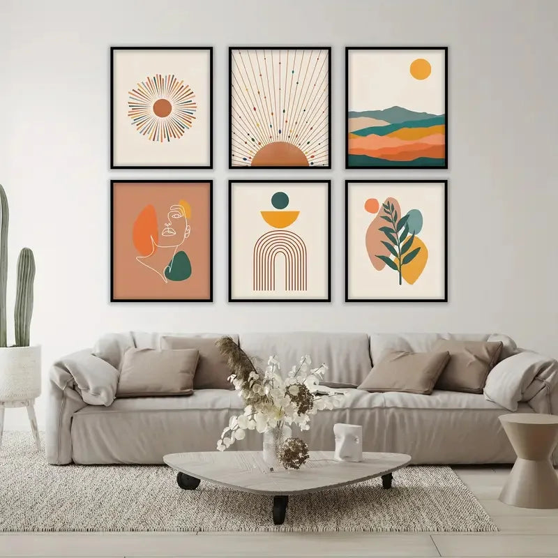 Minimalist Bohemian Poster Orange Palm Leaf Sun Mountain Wall Art