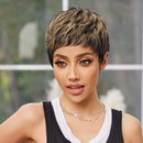 Woman with a stylish haircut and black tank top against a blurred outdoor background, Obroi
