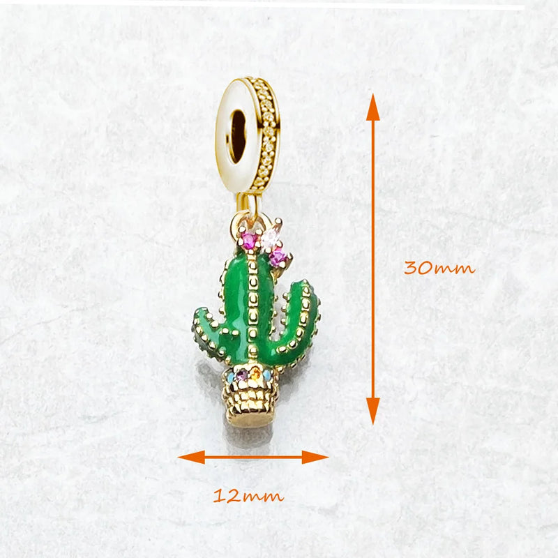 Green Cactus Gold Plated Pendants Charm For Jewelry Making Solid 925 Sterling Silver Gift For Women Men