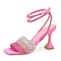 Pink high-heeled sandal with rhinestone detailing on a white background, Obroi